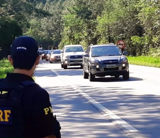 policial no ascostamento de rodovia no meio da mata observa carros passando
