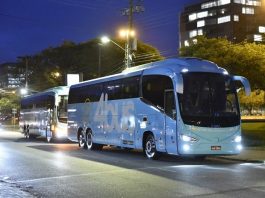 dois ônibus passando por rua arborizada caracterizados com o logo 4bus