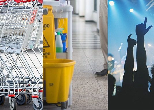 TJ ordena indenizações em três casos de racismo em Florianópolis montagem de três fotos contendo carrinhos de supermercado, corredor com materiais para limpeza e pessoas dançando num show