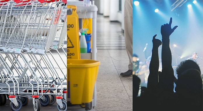 montagem de três fotos contendo carrinhos de supermercado, corredor com materiais para limpeza e pessoas dançando num show