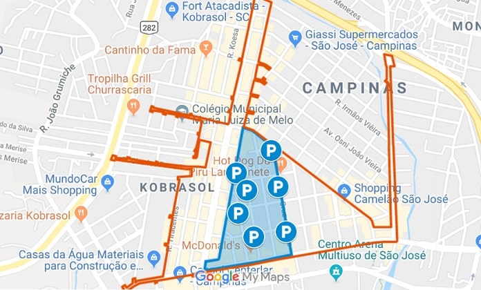 mapa de kobrasol e campinas mostrando a atual abrangência da zona azul e outro perímetro maior das novas ruas que entrarão no sistema