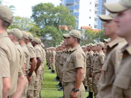 Após críticas na Alesc, governo vai chamar 500 soldados para a Polícia Militar soldados da pmsc vistos de lado em pé alinhados em um gramado