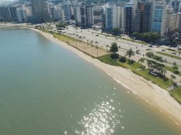 foto aérea da beira-mar mostrando o mar, pequena praia, avenida e fileira de prédios ao lado