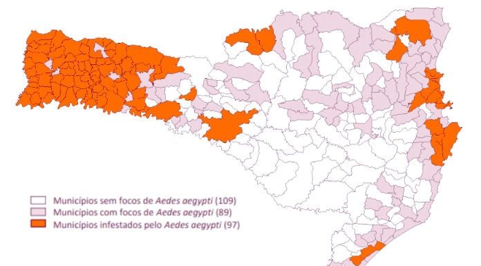 Mapa das regiões mais infestadas de focos do mosquito Aedes aegypti em Santa Catarina