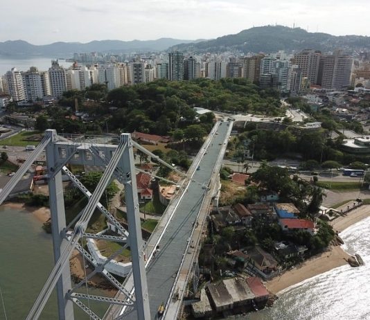 ponte hercílio luz vista de cima em foto aérea e centro de florianópolis