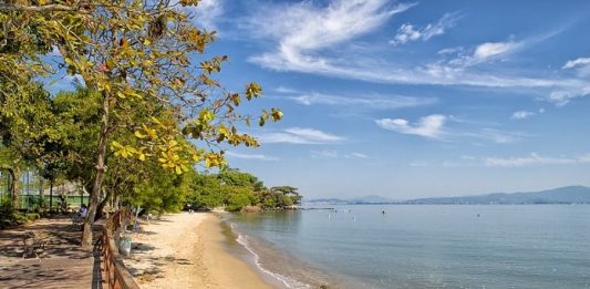 Três em cada quatro pontos analisados no litoral catarinense estão balneáveis praia de sambaqui com mar parado em dia de sol, praia vazia e deck na orla