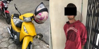 composição com duas fotos: uma da honda biz amarela, outra do homem em pé com parte do rosto censurada; ele usa um moletom vermelho