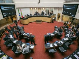 Alesc faz primeira votação de impeachment de Moisés nesta quinta no caso do aumento salarial plenário da alesc visto de cima com as bancadas circulares ao centro e alguns deputados