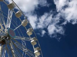 gôndolas da roda gigante vistas de baixo com céu azul ao fundo e pequena nuvem