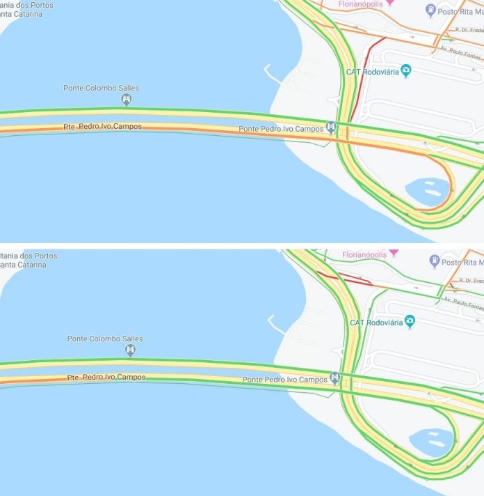 duas imagens de mapa, uma com trânsito ruim, outra com trânsito bom no local da intervenção