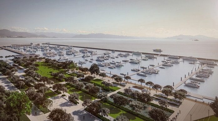 projeto da marina sobre a baía com parque ao lado de barcos ancorados