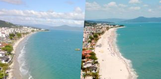 duas fotos aéreas da faixa de areia mostrando antes e depois da obra; na imagem da direita há uma faixa de areia muito mais larga