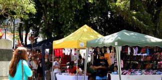 barracas de feira na praça e mulher passando entre os canteiros