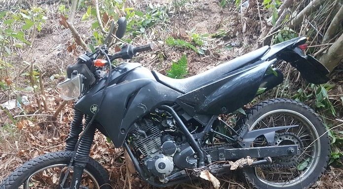 moto caída no chão de folhas secas