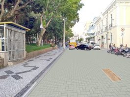 desenho do novo calçamento sobre foto da rua ao lado da praça xv