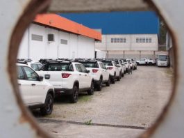 Deputado: caminhonetes toro estacionadas juntas em pátio vistas através de um buraco em portão