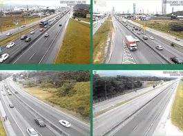 quatro imagens de câmeras de monitoramento da rodovia mostrando trânsito