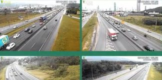 quatro imagens de câmeras de monitoramento da rodovia mostrando trânsito