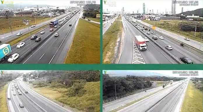 quatro imagens de câmeras de monitoramento da rodovia mostrando trânsito