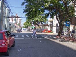 mulher atravessa faixa de pedestre em cruzamento da rua koesa com carro estacionado de um lado e pessoas em pé na calçada do outro