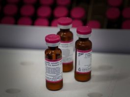 três ampolas de doses de vacina sobre uma bancada e outras organizadas em bandeja ao fundo