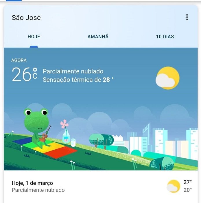 print de tela de celular de aplicativo de temperatura marcando 26ºC e sensação de 28ºC