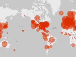 mapa mostrando bolas sobre os países com tamanhos conforme a quantidade de casos