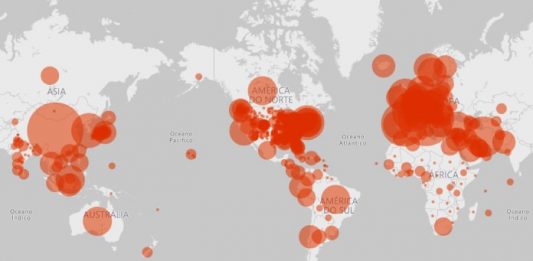 mapa mostrando bolas sobre os países com tamanhos conforme a quantidade de casos