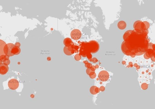 Casos de coronavírus no Brasil chegam a 1,5 mil, com 25 mortes mapa mostrando bolas sobre os países com tamanhos conforme a quantidade de casos