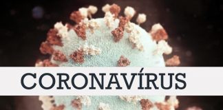 desenho do vírus com faixa em cima escrita "coronavírus"