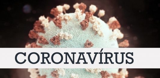 desenho do vírus com faixa em cima escrita "coronavírus"