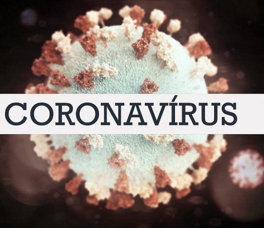 desenho do vírus com faixa em cima escrita "coronavírus"