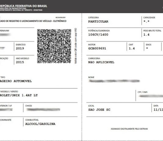 Detran libera impressão de documento de veículo em papel comum detran: reprodução de um crlv digital com dados borrados