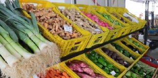 caixas com diversos legumes em feira