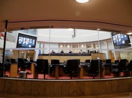 Deputado faz apelo ao governador para reduzir salários de servidores e políticos plenário da alesc quase vazio; presidente na mesa diretora e deputados em transmissão no telão