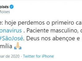tuíte de moisés informando a primeira morte de covid-19 em sc