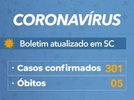 tabela com casos confirmados de coronavírus em sc: 301 e 5 óbitos