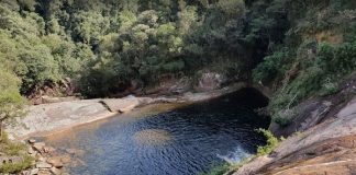 foto de cima da cachoeira mostrando a queda d'água, pedras e mata em volta