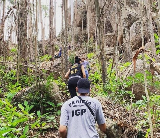 Perícia vai analisar ossada encontrada em Canasvieiras homem e mulher com coletes do igp sobem em trilha em pequeno aclive com árvores e pedras no local da Ossada encontrada em Canasvieiras