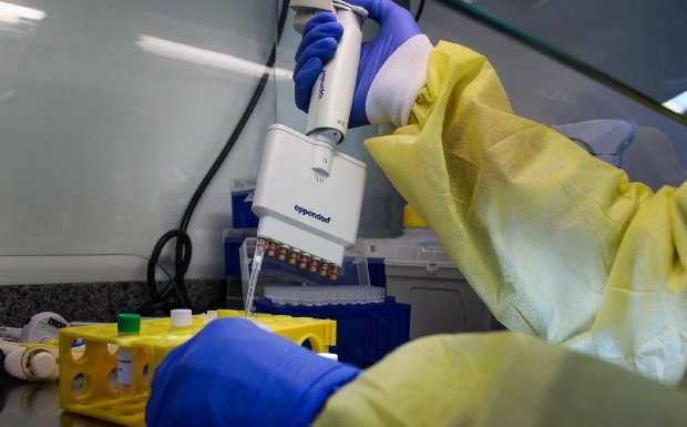 pessoa manipula com luva testes de coronavírus em laboratório