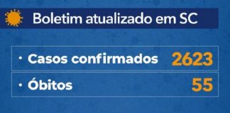 tabela que mostra 2623 casos coronavirus sc e 55 mortes covid-19