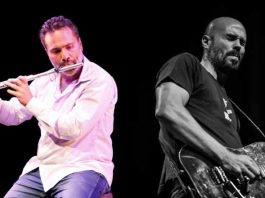 Cristian Faig e Dudu Pimentel se apresentam nesta terça no recital virtual da Camerata Florianópolis composição de duas fotos, uma freig toca flauta sentado em banqueta e outra em pb pimental toca guitarra