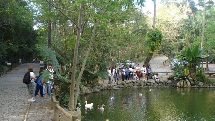 pessoas em volta do lago do parque em área com pistas de caminhada e muitas árvores