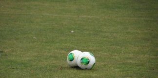 duas bolas de futebol juntas no meio de um gramado com linha