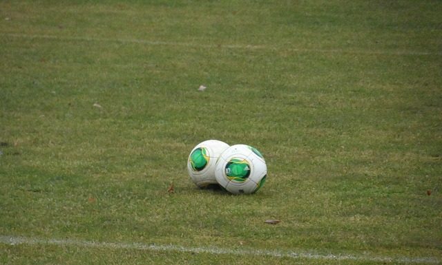 duas bolas de futebol juntas no meio de um gramado com linha