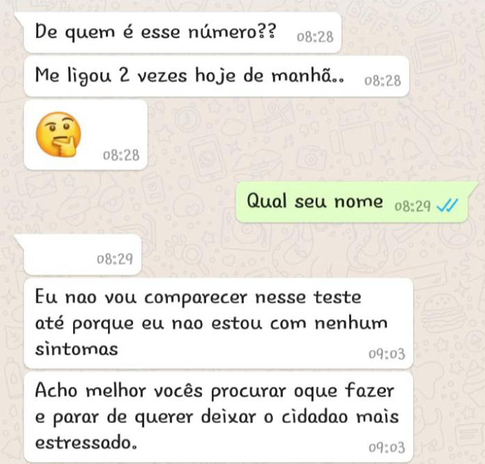 print de conversa no whatsapp em que pessoa diz que não vai comparecer ao teste