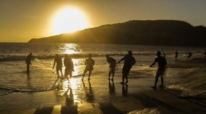 silhueta de pescadores puxando rede de arrasto na beira da praia do campeche, com ilha ao fundo e nascer do sol