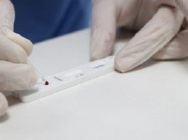 pessoa coloca pingo de sangue sobre plaqueta de teste rápido usando luvas sobre bancada