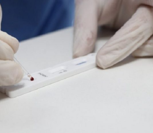 pessoa coloca pingo de sangue sobre plaqueta de teste rápido usando luvas sobre bancada