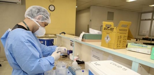 Cerca de 85% dos pacientes estão recuperados da infecção por coronavírus em SC profissional de saúde trajado com todos epis manipula instrumentos e amostras sobre balcão em hospital ao lado de caixa térmica